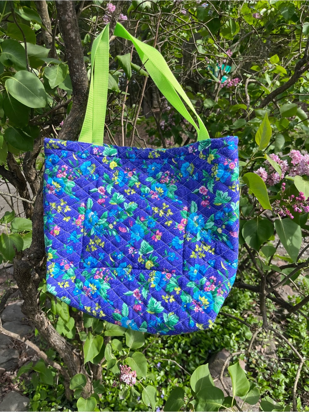 Quilted Floral Tote Bag in Bright Blue and Green